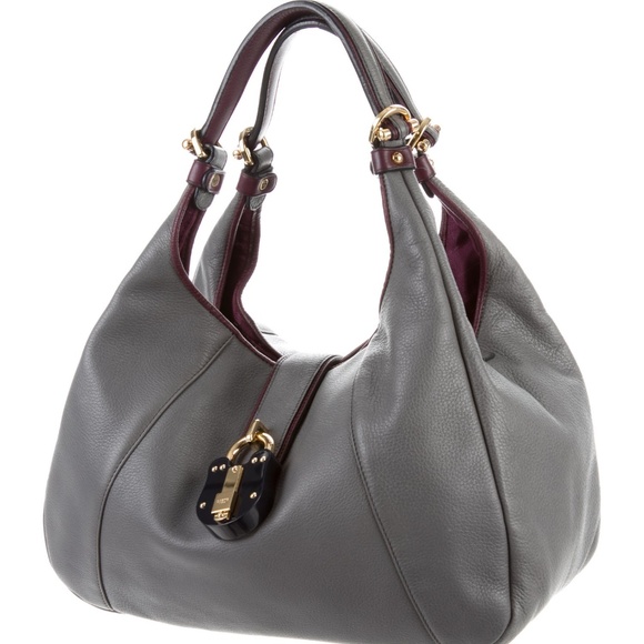 Loewe Handbags - Loewe Calle Grey with Purple Trim Leather Hobo Bag
